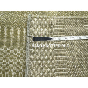 2'5"x13'6" Olive Gray, Denser Weave, Modern Grass Design, Hand Knotted, Wool and Silk, Lush and Plush, Runner, Oriental Rug FWR499320