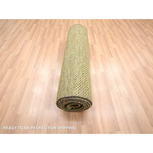 2'8"x12'2" Golden Brown, Wool And Silk, Modern Grass Design, Hand Knotted, Denser Weave, Soft To The Touch, Runner, Oriental Rug FWR499332