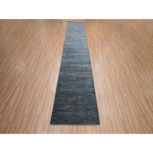 2'7"x12'3" Space Cadet Blue, Modern Grass Design, Denser Weave, Wool and Silk, Hand Knotted, Lush and Plush, Runner, Oriental Rug FWR499338