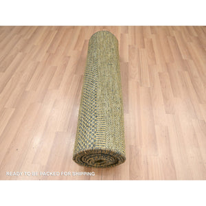 2'8"x12'3" Golden Brown, Modern Grass Design, Hand Knotted, Denser Weave, Wool And Silk, Soft To The Touch, Runner, Oriental Rug FWR499356