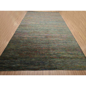 10'x14' Asphalt Black, Modern Grass Design, Wool and Silk, Hand Knotted, Tone on Tone, Lush and Plush, Oriental Rug FWR499404