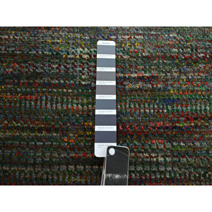 10'x14' Asphalt Black, Modern Grass Design, Wool and Silk, Hand Knotted, Tone on Tone, Lush and Plush, Oriental Rug FWR499404