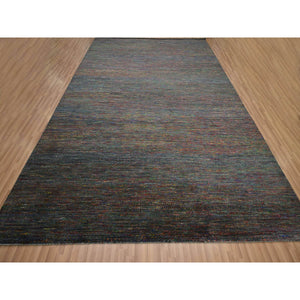 10'2"x13'10" Charcoal Gray, Modern, Hand Knotted, Colorful Grass Design, Wool And Silk, Tone On Tone, Soft Pile, Oriental Rug FWR499416