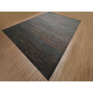 10'2"x13'10" Charcoal Gray, Modern, Hand Knotted, Colorful Grass Design, Wool And Silk, Tone On Tone, Soft Pile, Oriental Rug FWR499416