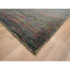 10'2"x13'10" Charcoal Gray, Modern, Hand Knotted, Colorful Grass Design, Wool And Silk, Tone On Tone, Soft Pile, Oriental Rug FWR499416