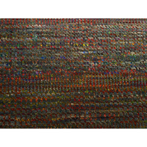 9'1"x12'2" Dark Olive Green, Wool And Silk, Modern Grass Design, Hand Knotted, Tone On Tone, Lush And Plush, Oriental Rug FWR499434