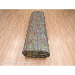 9'1"x12'2" Dark Olive Green, Wool And Silk, Modern Grass Design, Hand Knotted, Tone On Tone, Lush And Plush, Oriental Rug FWR499434