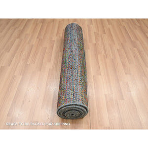 3'x10'1" Aegean Blue, Wool and Silk, Modern, Colorful Grass Design, Hand Knotted, Tone on Tone, Lush and Plush, Runner, Oriental Rug FWR499458