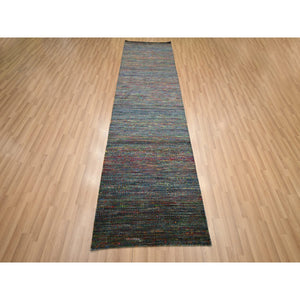 3'x10'2" Cobalt Blue, Hand Knotted, Colorful Grass Design, Wool and Silk, Tone on Tone, Modern, Lush and Plush, Runner, Oriental Rug FWR499464