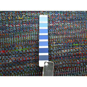 3'x10'2" Cobalt Blue, Hand Knotted, Colorful Grass Design, Wool and Silk, Tone on Tone, Modern, Lush and Plush, Runner, Oriental Rug FWR499464