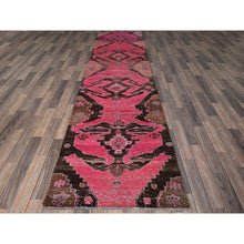 Load image into Gallery viewer, 3&#39;x11&#39;4&quot; Hot Pink, Overdyed Vintage Persian Hamadan With Eagle Design, Worn And Distressed, Cropped Thin, Zero Pile, Sides And Ends Professionally Secured, Hand Knotted, 100% Wool, Runner, Oriental Rug FWR4998