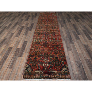 2'5"x9'4" Brick Red, Vintage Persian Hamadan With Distinct Abrash, Fish All Over Design, Stone Washed, Cropped Thin, Zero Pile, Sides And Ends Professionally Secured, Hand Knotted, Pure Wool, Narrow Runner, Oriental Rug FWR5022