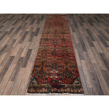 Load image into Gallery viewer, 2&#39;5&quot;x9&#39;4&quot; Brick Red, Vintage Persian Hamadan With Distinct Abrash, Fish All Over Design, Stone Washed, Cropped Thin, Zero Pile, Sides And Ends Professionally Secured, Hand Knotted, Pure Wool, Narrow Runner, Oriental Rug FWR5022