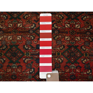2'5"x9'4" Brick Red, Vintage Persian Hamadan With Distinct Abrash, Fish All Over Design, Stone Washed, Cropped Thin, Zero Pile, Sides And Ends Professionally Secured, Hand Knotted, Pure Wool, Narrow Runner, Oriental Rug FWR5022