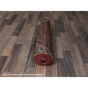 2'5"x9'4" Brick Red, Vintage Persian Hamadan With Distinct Abrash, Fish All Over Design, Stone Washed, Cropped Thin, Zero Pile, Sides And Ends Professionally Secured, Hand Knotted, Pure Wool, Narrow Runner, Oriental Rug FWR5022