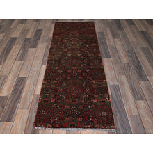 Load image into Gallery viewer, 2&#39;x5&#39;8&quot; Carob Brown, Vintage Persian Hamadan With All Over Fish Design, Distressed And Worn, Cropped Thin, Zero Pile, Sides And Ends Professionally Secured, Hand Knotted, 100% Wool, Fragment, Narrow Runner, Oriental Rug FWR5028