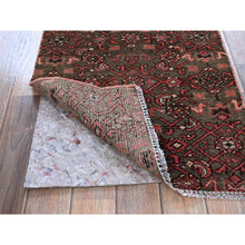 Load image into Gallery viewer, 2&#39;x5&#39;8&quot; Carob Brown, Vintage Persian Hamadan With All Over Fish Design, Distressed And Worn, Cropped Thin, Zero Pile, Sides And Ends Professionally Secured, Hand Knotted, 100% Wool, Fragment, Narrow Runner, Oriental Rug FWR5028