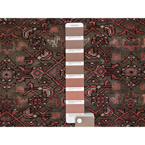 2'x5'8" Carob Brown, Vintage Persian Hamadan With All Over Fish Design, Distressed And Worn, Cropped Thin, Zero Pile, Sides And Ends Professionally Secured, Hand Knotted, 100% Wool, Fragment, Narrow Runner, Oriental Rug FWR5028