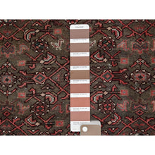 Load image into Gallery viewer, 2&#39;x5&#39;8&quot; Carob Brown, Vintage Persian Hamadan With All Over Fish Design, Distressed And Worn, Cropped Thin, Zero Pile, Sides And Ends Professionally Secured, Hand Knotted, 100% Wool, Fragment, Narrow Runner, Oriental Rug FWR5028