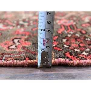 2'x5'8" Carob Brown, Vintage Persian Hamadan With All Over Fish Design, Distressed And Worn, Cropped Thin, Zero Pile, Sides And Ends Professionally Secured, Hand Knotted, 100% Wool, Fragment, Narrow Runner, Oriental Rug FWR5028