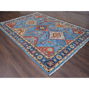 8'10"x11'10" Light Blue, Hand Knotted Shiraz Design With Serrated Medallions, Supple Collection Pure Wool, Oriental Rug FWR504030