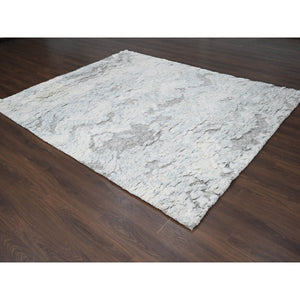 8'x9'10" Ivory With Light Gray, Thick & Plush, Moroccan Weave, Contemporary Design, Soft & Handspun Wool Hand Knotted Oriental Rug FWR504546