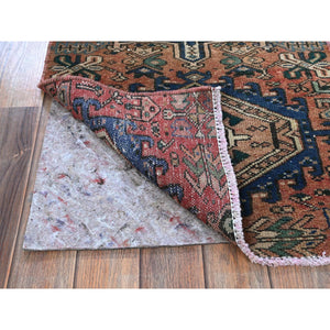 2'x7'9" Rust Red, Vintage Persian Karajeh Heriz With Geometric Medallions Design, Hand Knotted, 100% Wool, Distressed, Shaved Down, Zero Pile, Sides And Ends Professionally Secured, Narrow Runner, Oriental Rug FWR5040