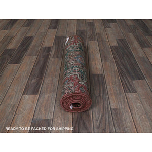 2'x7'9" Rust Red, Vintage Persian Karajeh Heriz With Geometric Medallions Design, Hand Knotted, 100% Wool, Distressed, Shaved Down, Zero Pile, Sides And Ends Professionally Secured, Narrow Runner, Oriental Rug FWR5040