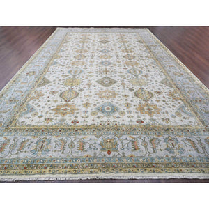11'10"x17'10" Ivory And Gray, Pure Wool Hand Knotted, Karajeh Design With Tribal Medallions, Oversized Oriental Rug FWR504702