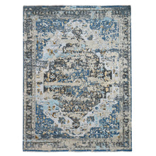 Load image into Gallery viewer, 8&#39;10&quot;x11&#39;10&quot; Denim Blue, Broken and Erased Persian Geometric Medallions Design with Soft Color Palettes, Densely Woven, Pure Wool, Hand Knotted, Oriental Rug FWR504768