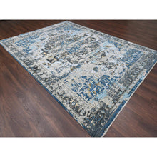 Load image into Gallery viewer, 8&#39;10&quot;x11&#39;10&quot; Denim Blue, Broken and Erased Persian Geometric Medallions Design with Soft Color Palettes, Densely Woven, Pure Wool, Hand Knotted, Oriental Rug FWR504768