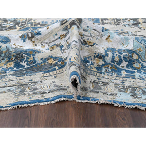 8'10"x11'10" Denim Blue, Broken and Erased Persian Geometric Medallions Design with Soft Color Palettes, Densely Woven, Pure Wool, Hand Knotted, Oriental Rug FWR504768