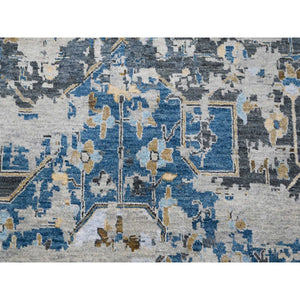 8'10"x11'10" Denim Blue, Broken and Erased Persian Geometric Medallions Design with Soft Color Palettes, Densely Woven, Pure Wool, Hand Knotted, Oriental Rug FWR504768
