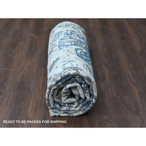 8'10"x11'10" Denim Blue, Broken and Erased Persian Geometric Medallions Design with Soft Color Palettes, Densely Woven, Pure Wool, Hand Knotted, Oriental Rug FWR504768