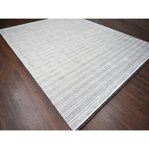 12'1"x15'1" Black and Ivory, Modern Textured and Variegated Line Design, Wool and Plant Based Silk, Hand Loomed, Oversized Oriental Rug FWR505008