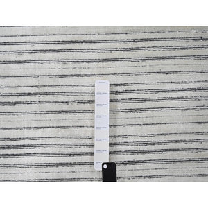 12'1"x15'1" Black and Ivory, Modern Textured and Variegated Line Design, Wool and Plant Based Silk, Hand Loomed, Oversized Oriental Rug FWR505008