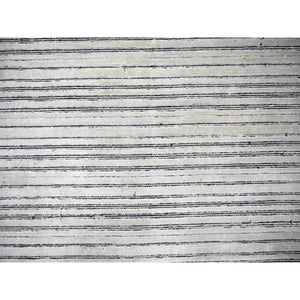 12'1"x15'1" Black and Ivory, Modern Textured and Variegated Line Design, Wool and Plant Based Silk, Hand Loomed, Oversized Oriental Rug FWR505008