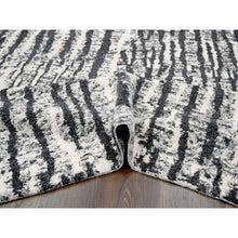 Load image into Gallery viewer, 9&#39;1&quot;x11&#39;8&quot; Black and Ivory, Modern Vertical Broken Stripe Design, Plush Pile, Organic Undyed Wool, Hand Knotted, Oriental Rug FWR505080