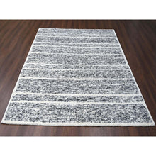 Load image into Gallery viewer, 8&#39;2&quot;x9&#39;10&quot; Black and Ivory, Modern Striae Design, Thick and Plush, Organic Undyed Wool, Hand Knotted, Oriental Rug FWR505086