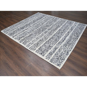 8'2"x9'10" Black and Ivory, Modern Striae Design, Thick and Plush, Organic Undyed Wool, Hand Knotted, Oriental Rug FWR505086