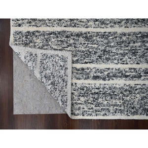 8'2"x9'10" Black and Ivory, Modern Striae Design, Thick and Plush, Organic Undyed Wool, Hand Knotted, Oriental Rug FWR505086