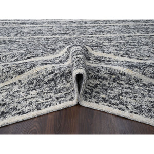 8'2"x9'10" Black and Ivory, Modern Striae Design, Thick and Plush, Organic Undyed Wool, Hand Knotted, Oriental Rug FWR505086