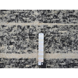 8'2"x9'10" Black and Ivory, Modern Striae Design, Thick and Plush, Organic Undyed Wool, Hand Knotted, Oriental Rug FWR505086