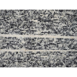 8'2"x9'10" Black and Ivory, Modern Striae Design, Thick and Plush, Organic Undyed Wool, Hand Knotted, Oriental Rug FWR505086