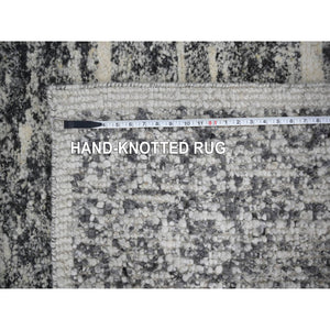 8'2"x9'10" Black and Ivory, Modern Striae Design, Thick and Plush, Organic Undyed Wool, Hand Knotted, Oriental Rug FWR505086
