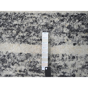 10'3"x14'1" Black and Ivory, Modern Striae Design, Thick and Plush, Organic Undyed Wool, Hand Knotted, Oriental Rug FWR505098