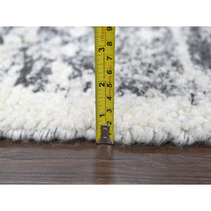 10'3"x14'1" Black and Ivory, Modern Striae Design, Thick and Plush, Organic Undyed Wool, Hand Knotted, Oriental Rug FWR505098
