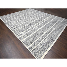 Load image into Gallery viewer, 12&#39;x14&#39;9&quot; Black And Ivory, Modern Striae Design, Hand Knotted, Plush Pile, Densely Woven, Organic Undyed Wool, Oversized Oriental Rug FWR505104