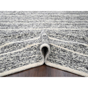 12'x14'9" Black And Ivory, Modern Striae Design, Hand Knotted, Plush Pile, Densely Woven, Organic Undyed Wool, Oversized Oriental Rug FWR505104