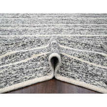 Load image into Gallery viewer, 12&#39;x14&#39;9&quot; Black And Ivory, Modern Striae Design, Hand Knotted, Plush Pile, Densely Woven, Organic Undyed Wool, Oversized Oriental Rug FWR505104